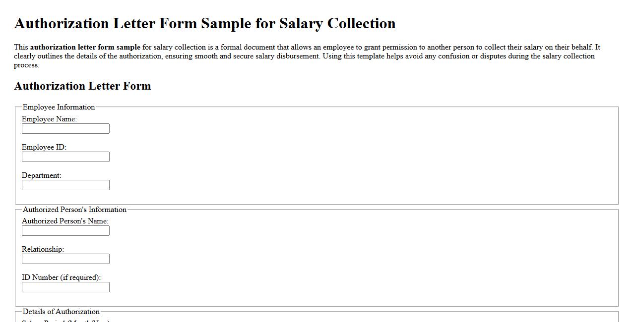 Authorization letter form sample for salary collection image preview