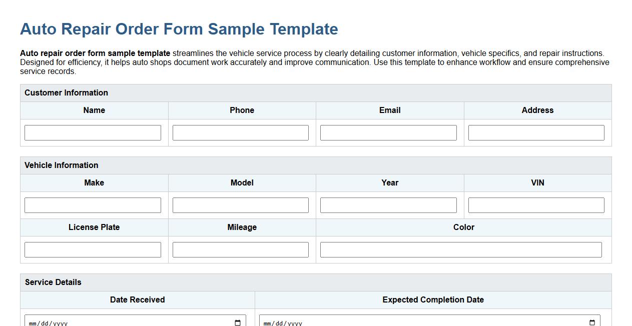auto repair order form sample template image preview