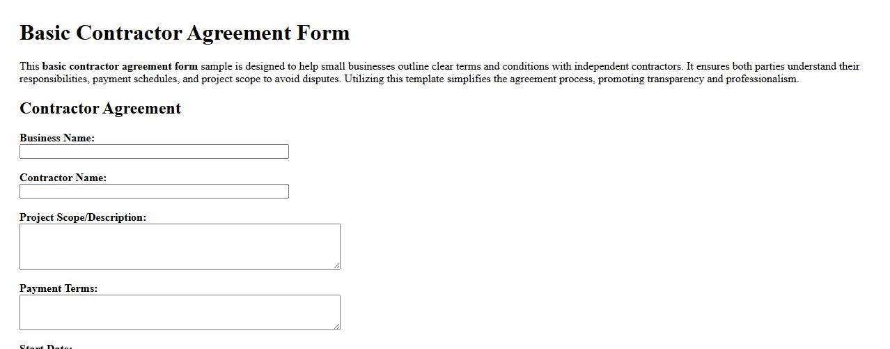 basic contractor agreement form sample for small business image preview