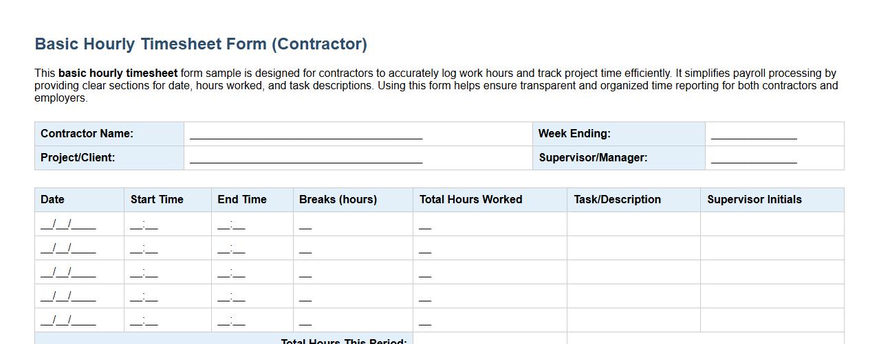 basic hourly timesheet form sample for contractors image preview