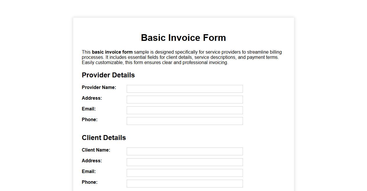 Basic invoice form sample for service providers image preview