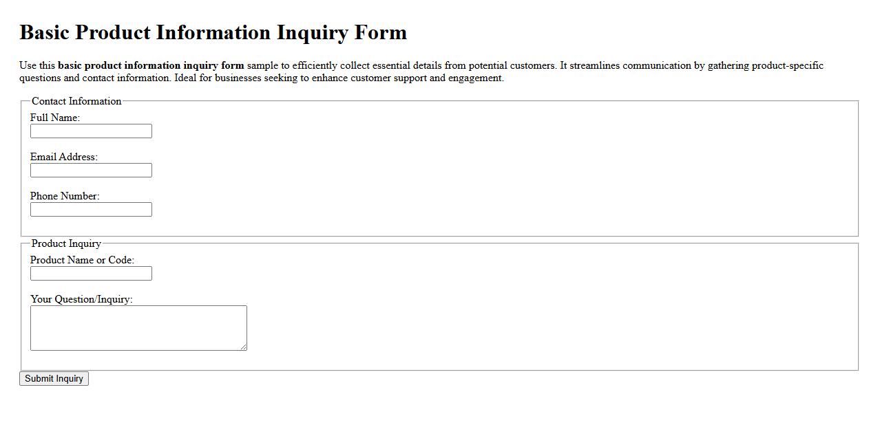 basic product information inquiry form sample image preview