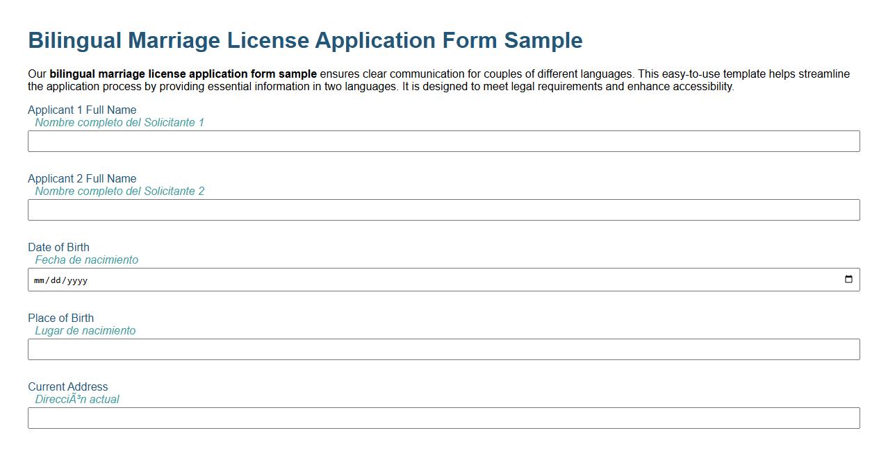 Bilingual marriage license application form sample image preview
