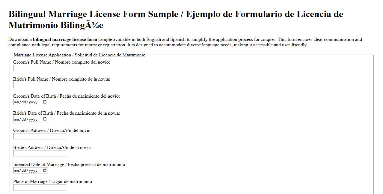 Bilingual marriage license form sample in English and Spanish image preview