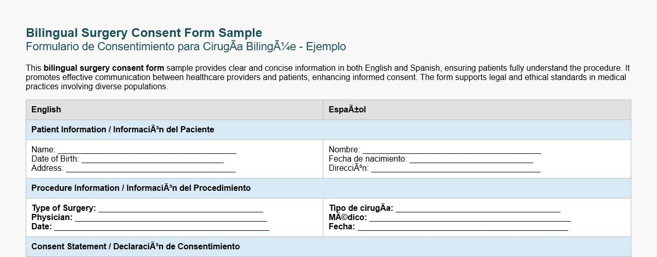 bilingual surgery consent form sample in English and Spanish image preview