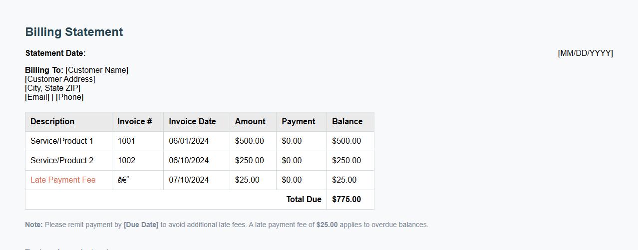 Billing statement form sample including late payment fees image preview