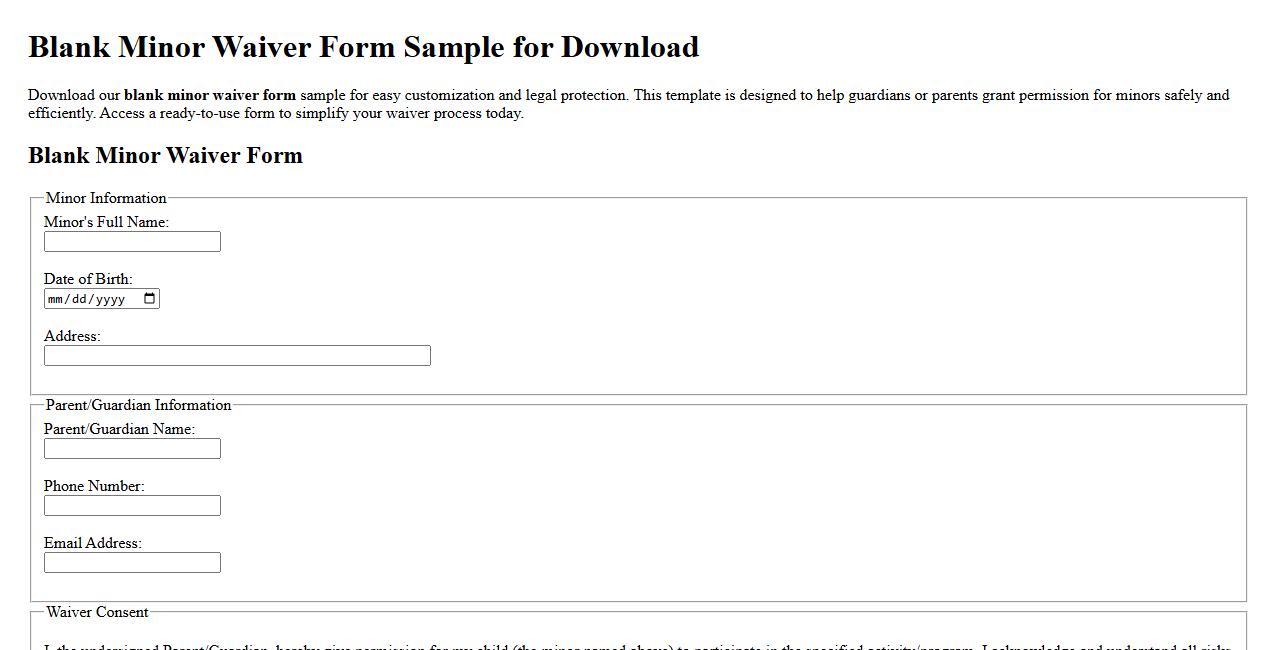 Blank minor waiver form sample for download image preview