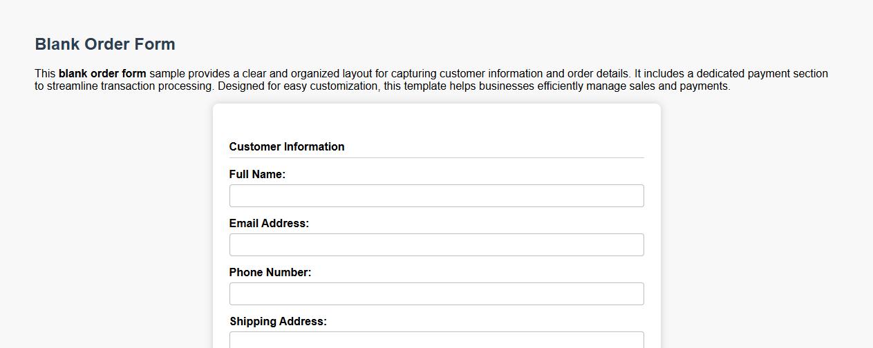 Blank order form sample with payment section image preview