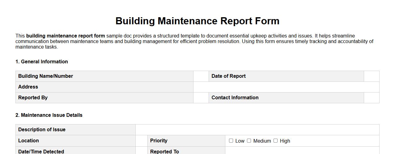 building maintenance report form sample doc image preview