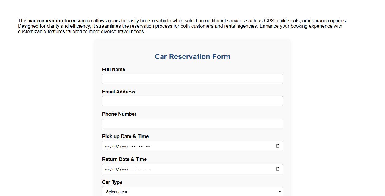 car reservation form sample with additional services image preview