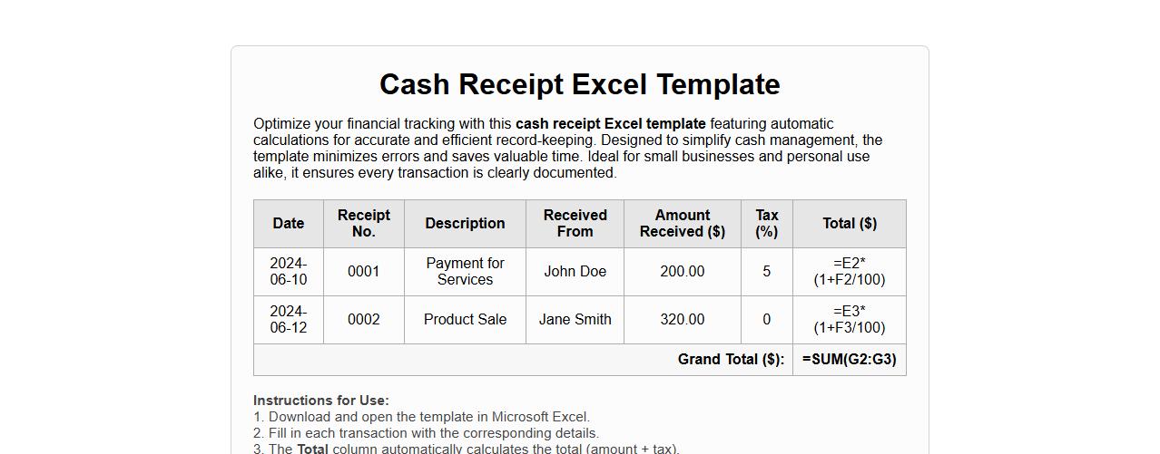 cash receipt excel template with automatic calculations image preview
