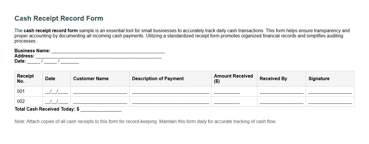 cash receipt record form sample for small business image preview