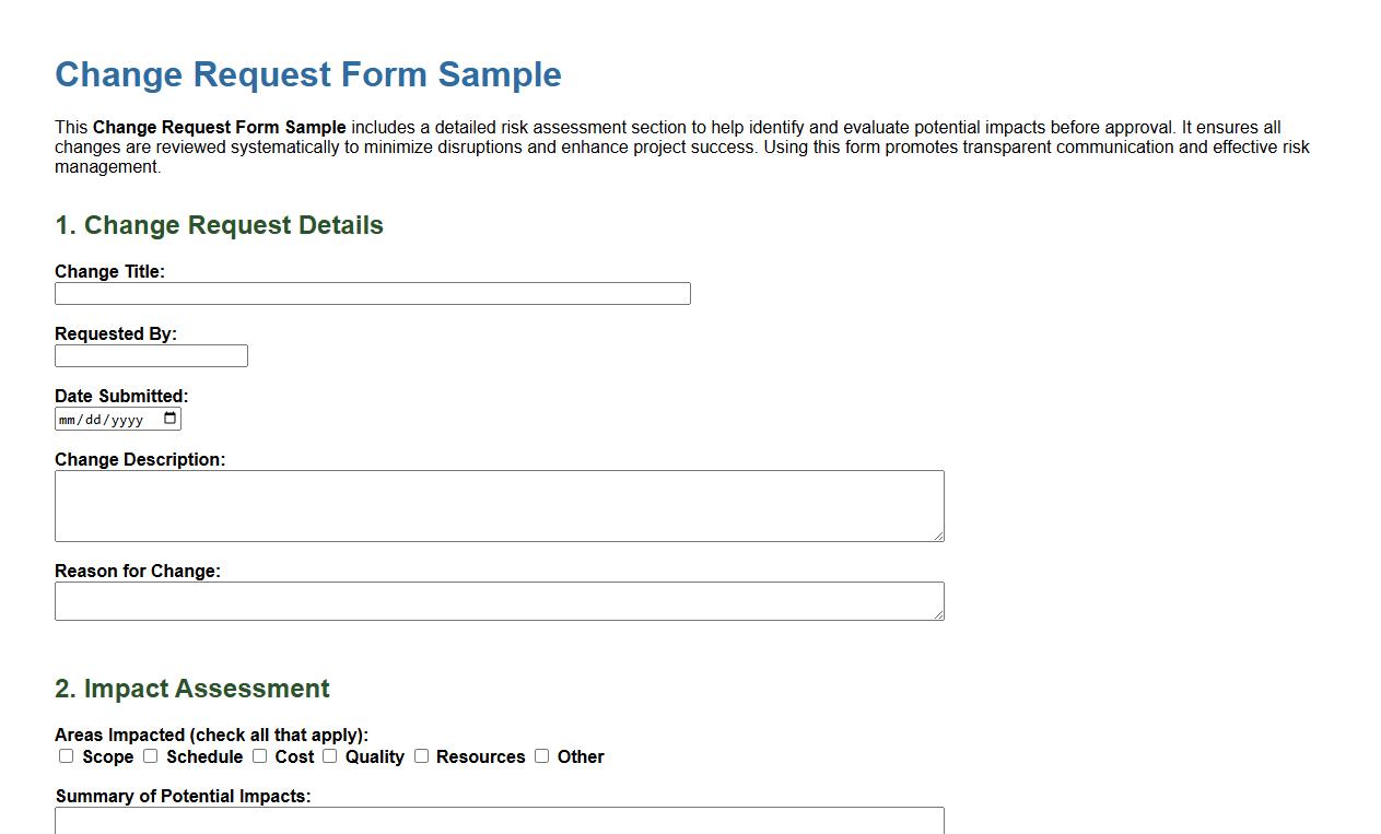 Change request form sample with risk assessment section image preview