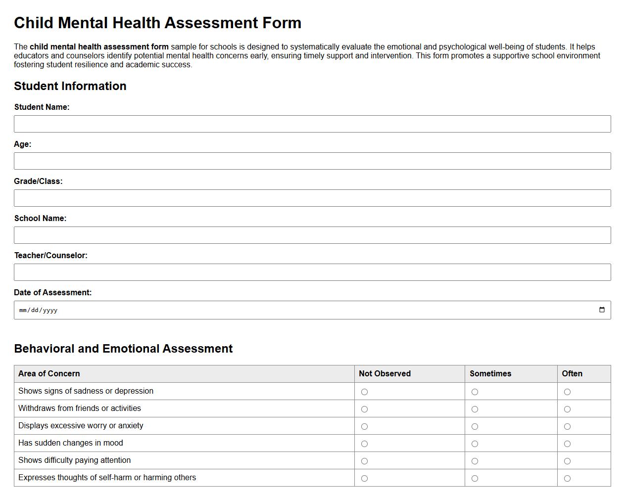 Child mental health assessment form sample for schools image preview