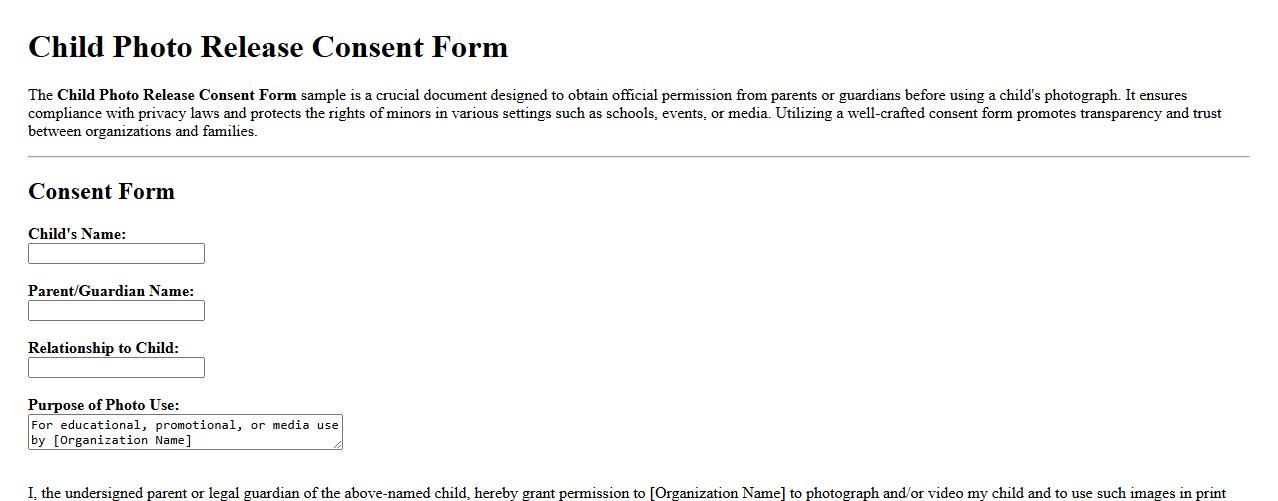 Child photo release consent form sample image preview