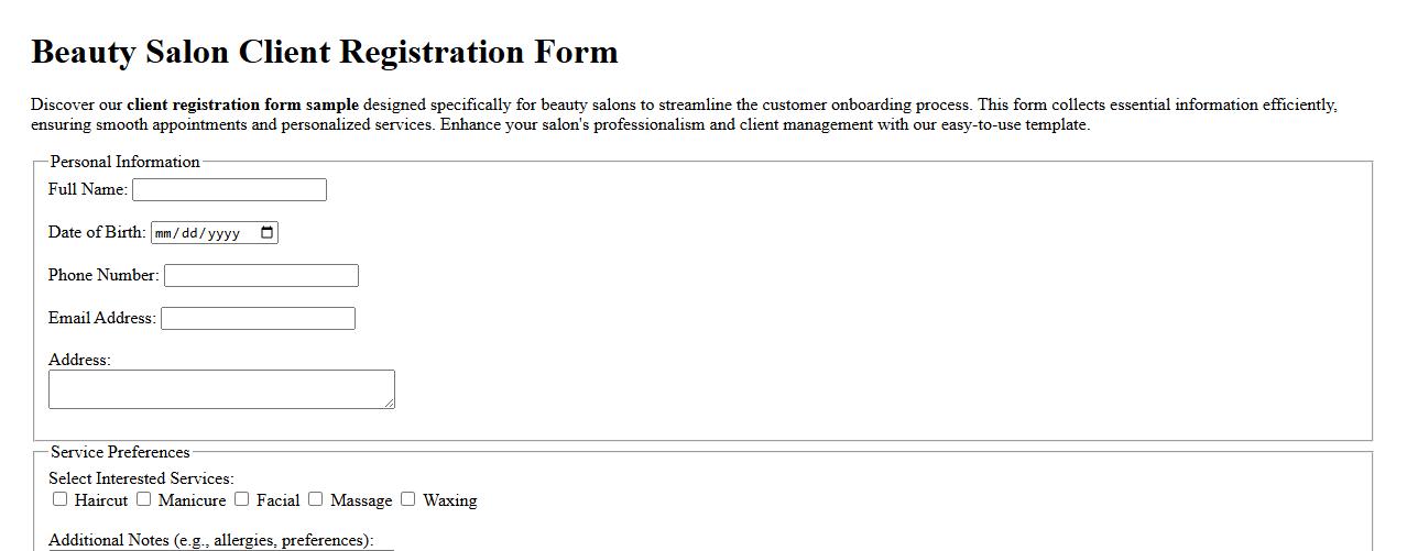 client registration form sample for beauty salon image preview