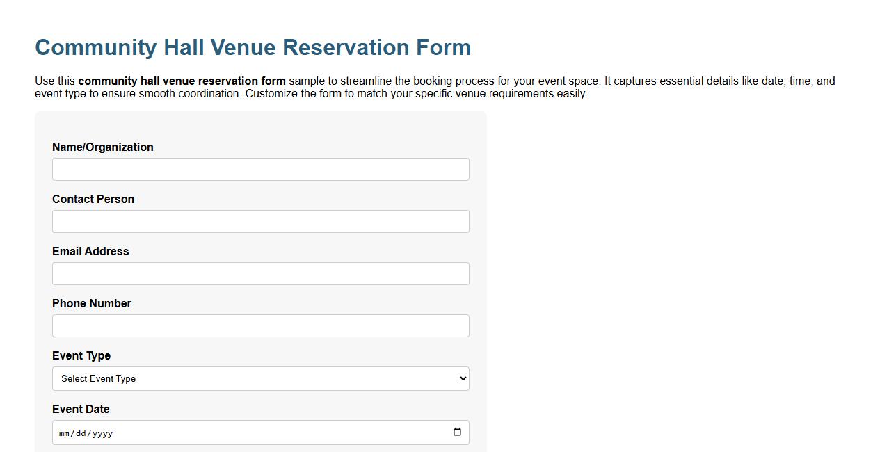 Community hall venue reservation form sample image preview