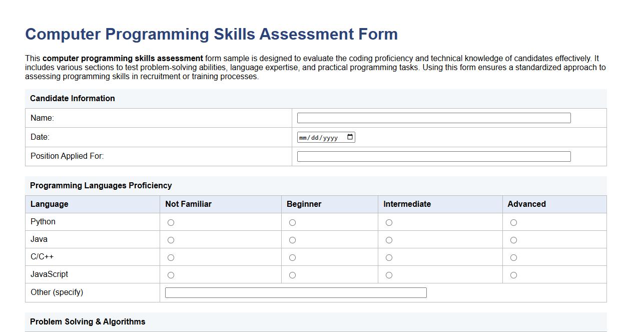 computer programming skills assessment form sample image preview