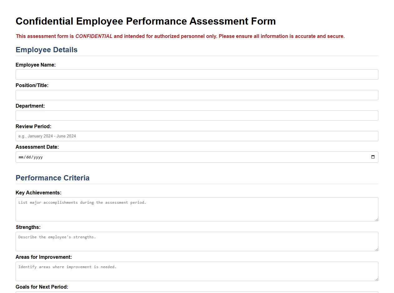 confidential employee performance assessment form sample image preview