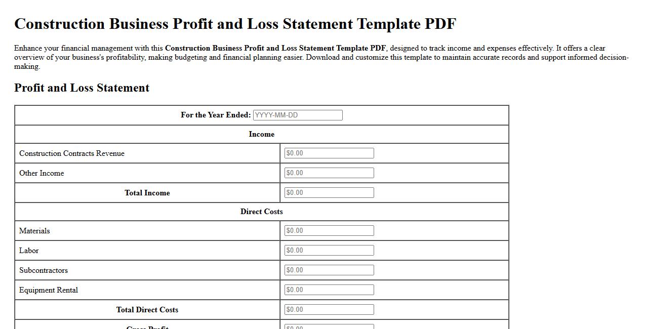 Construction business profit and loss statement template PDF image preview