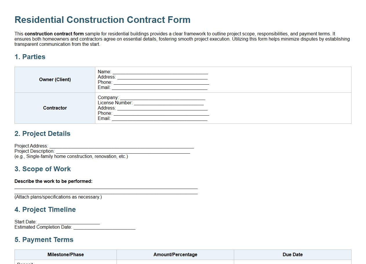 Construction contract form sample for residential buildings image preview