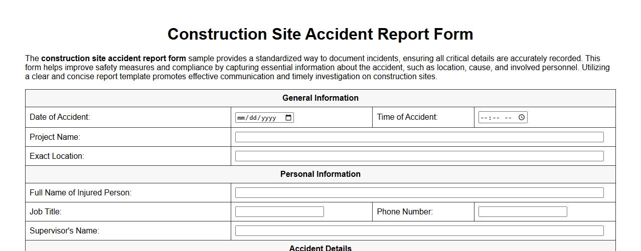 construction site accident report form sample image preview