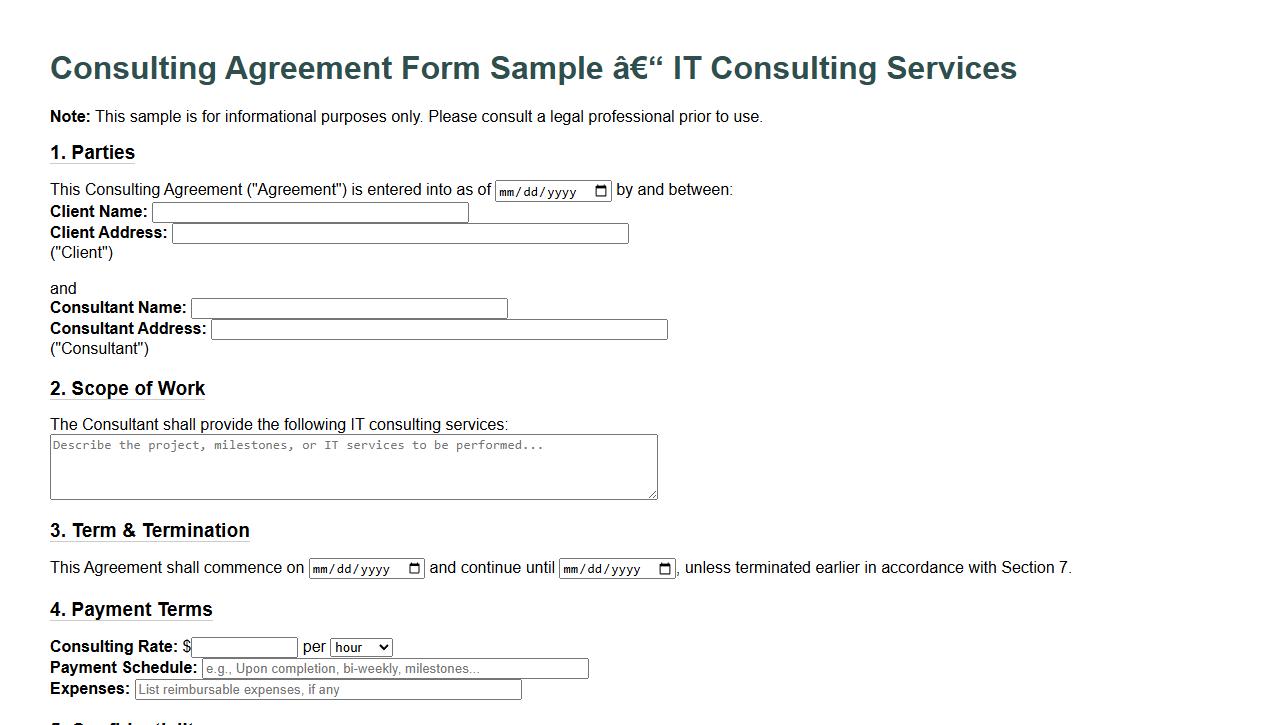 consulting agreement form sample for IT consulting services image preview