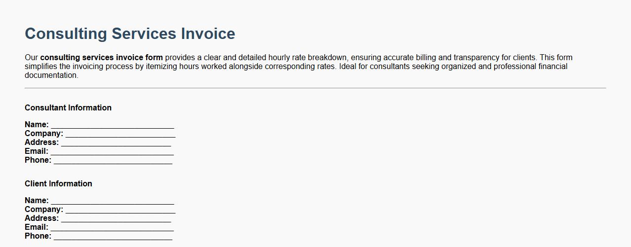 Consulting services invoice form with hourly rate breakdown image preview