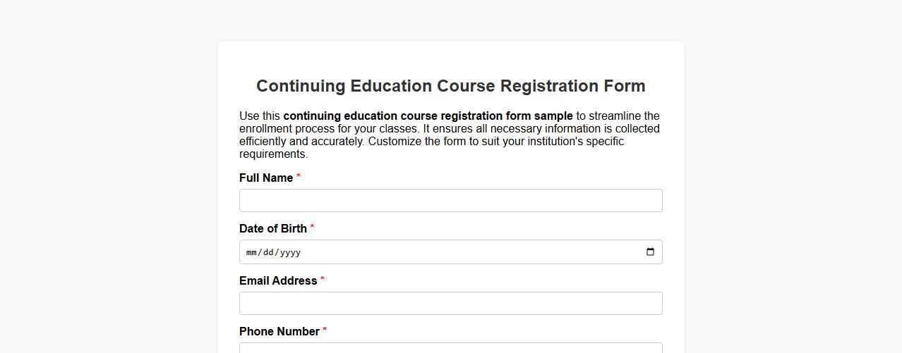 continuing education course registration form sample image preview