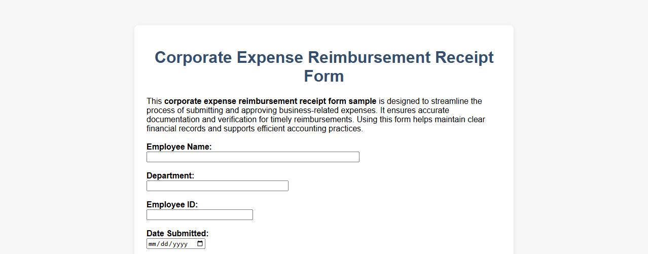 Corporate expense reimbursement receipt form sample image preview