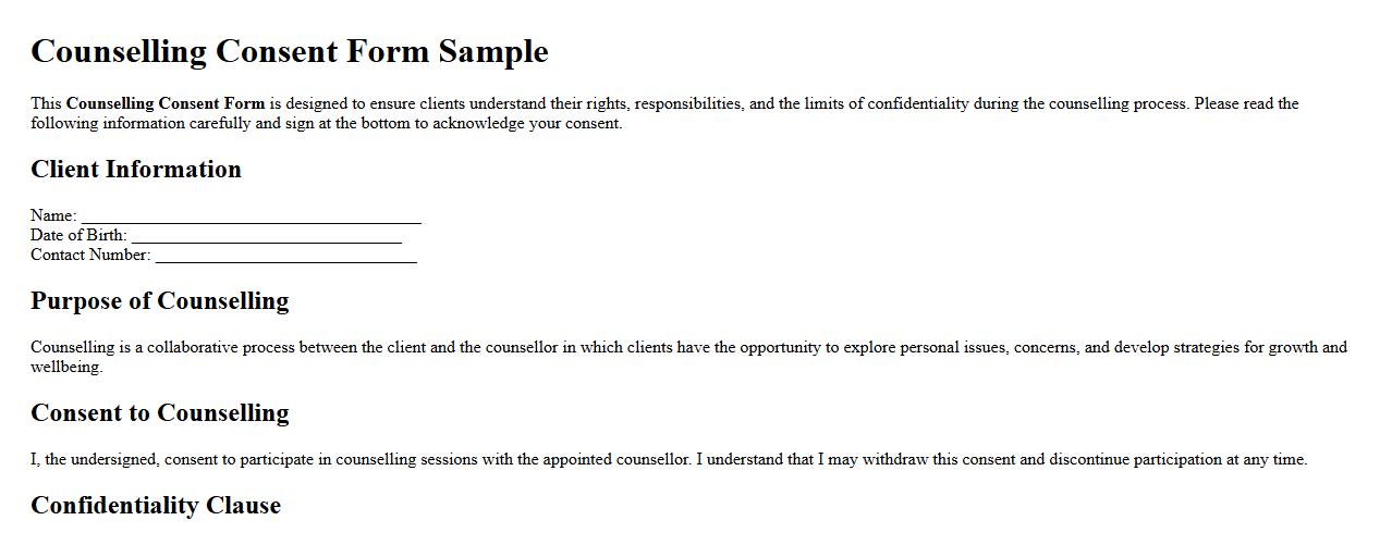 Counselling consent form sample with confidentiality clause image preview