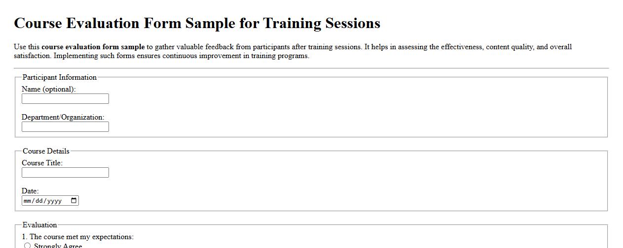 Course evaluation form sample for training sessions image preview