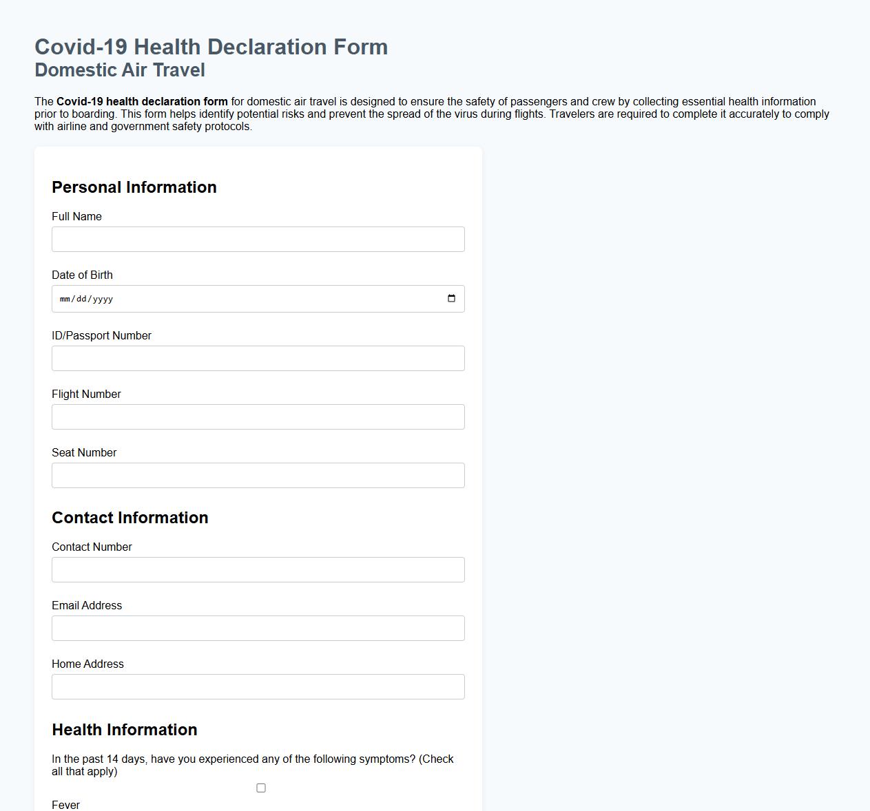 Covid-19 health declaration form sample for domestic air travel image preview