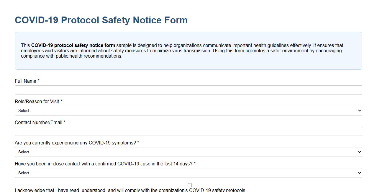 COVID-19 protocol safety notice form sample image preview