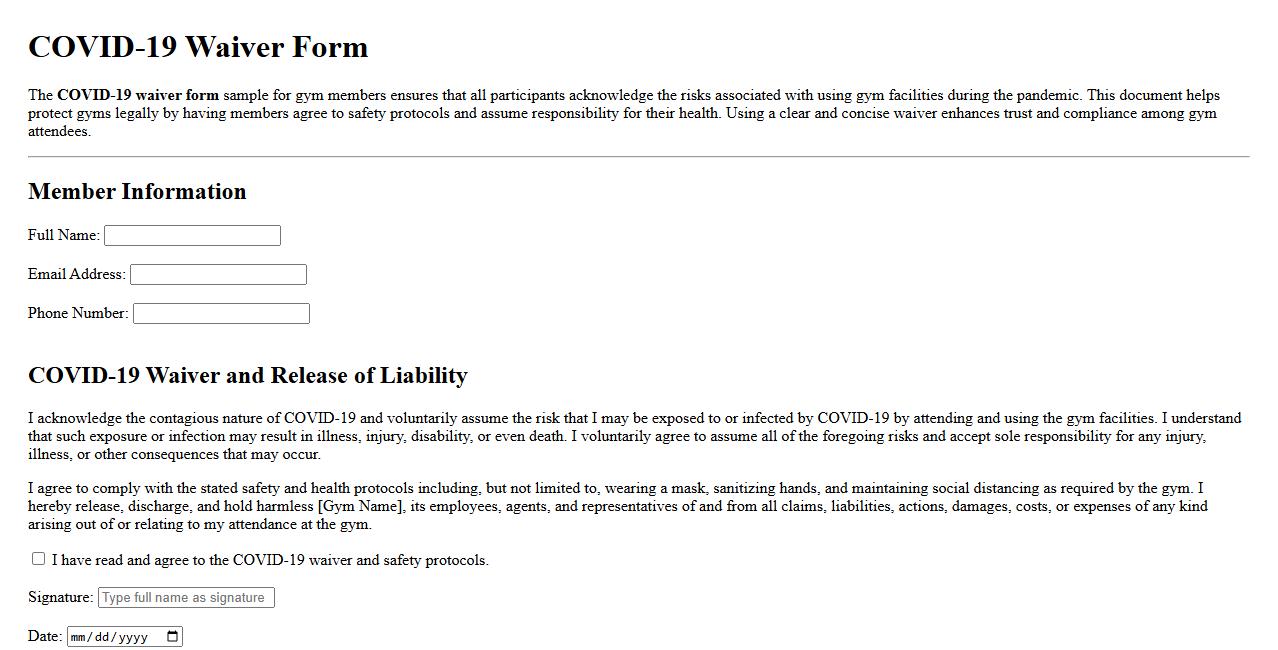 COVID-19 waiver form sample for gym members image preview