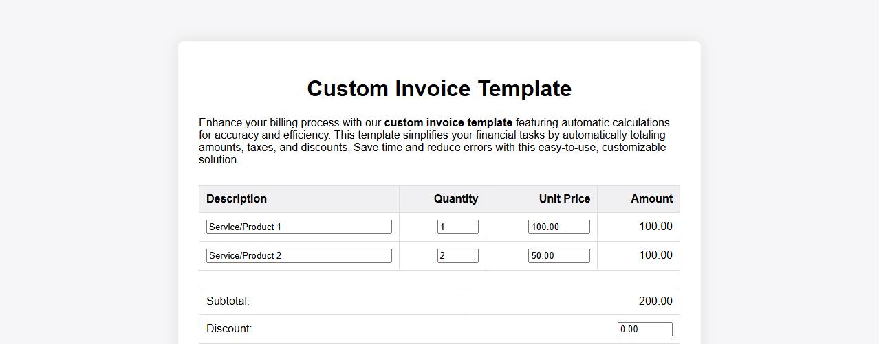 Custom invoice template with automatic calculations image preview