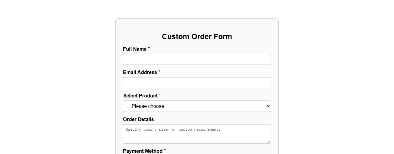 Custom order form sample with payment options image preview