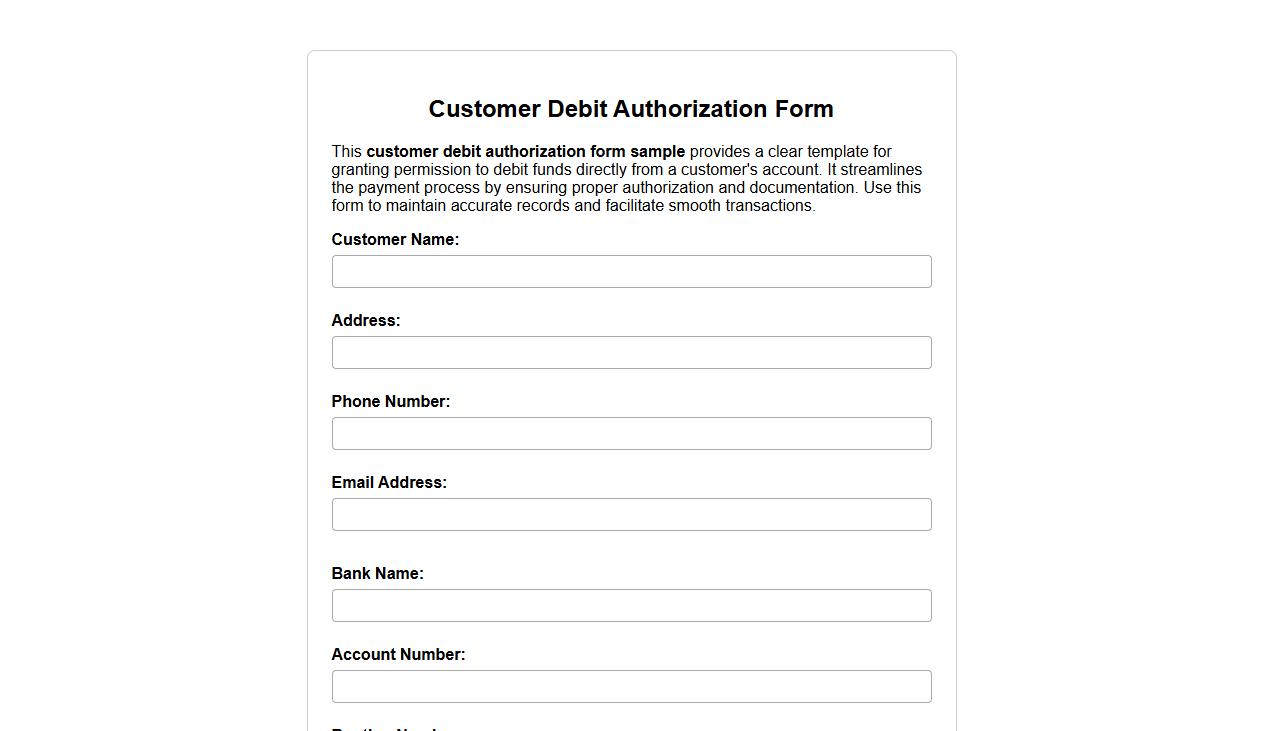 customer debit authorization form sample image preview