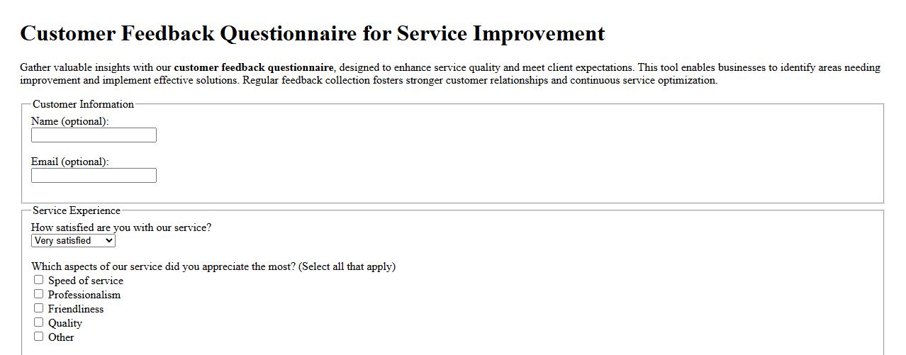 Customer feedback questionnaire for service improvement image preview