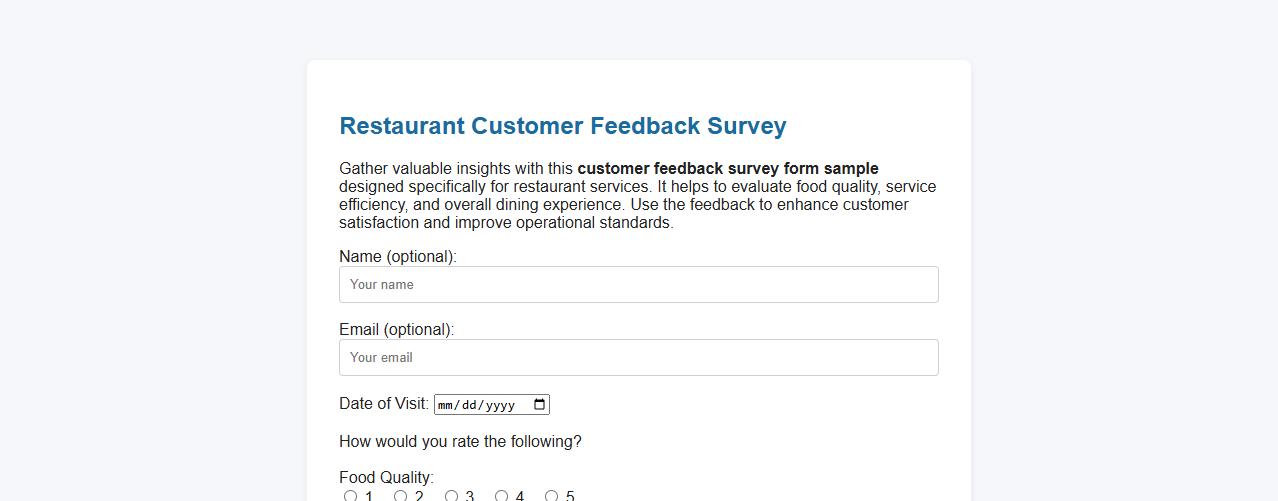 customer feedback survey form sample for restaurant services image preview