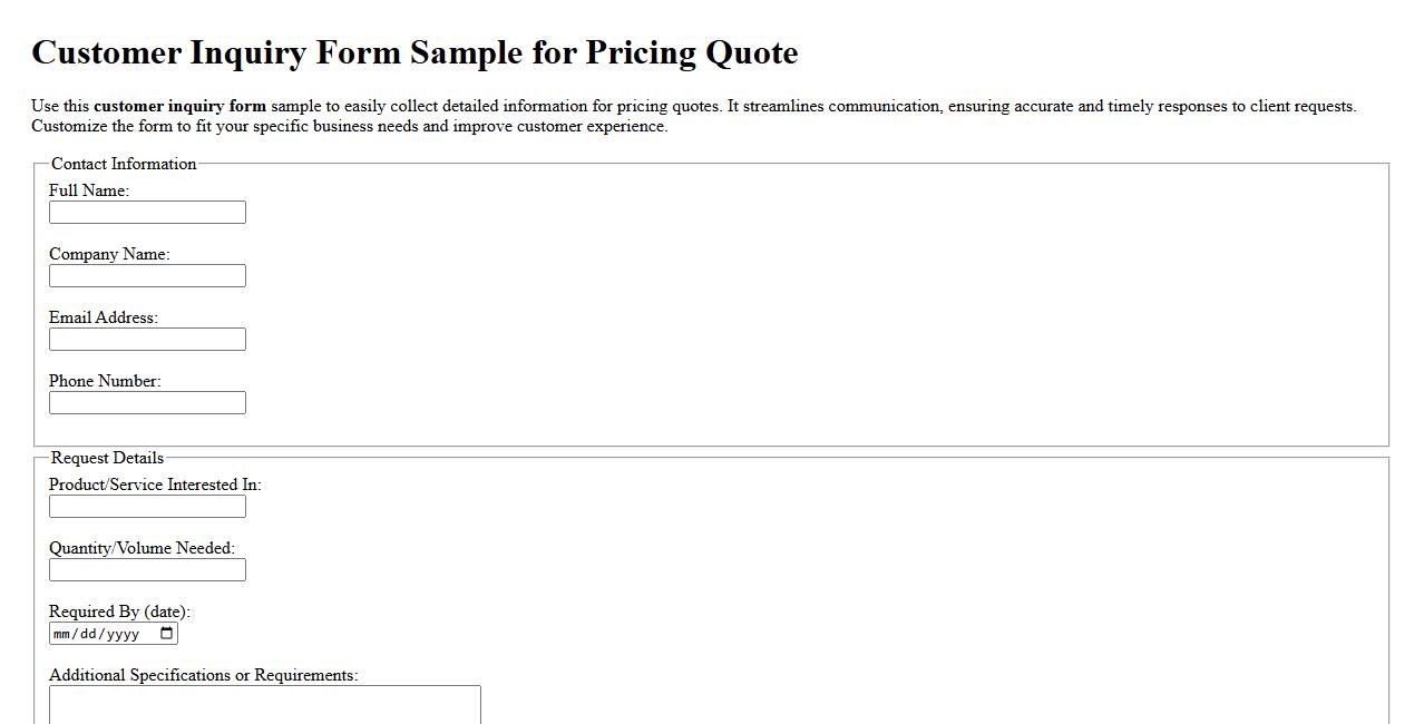 Customer inquiry form sample for pricing quote image preview