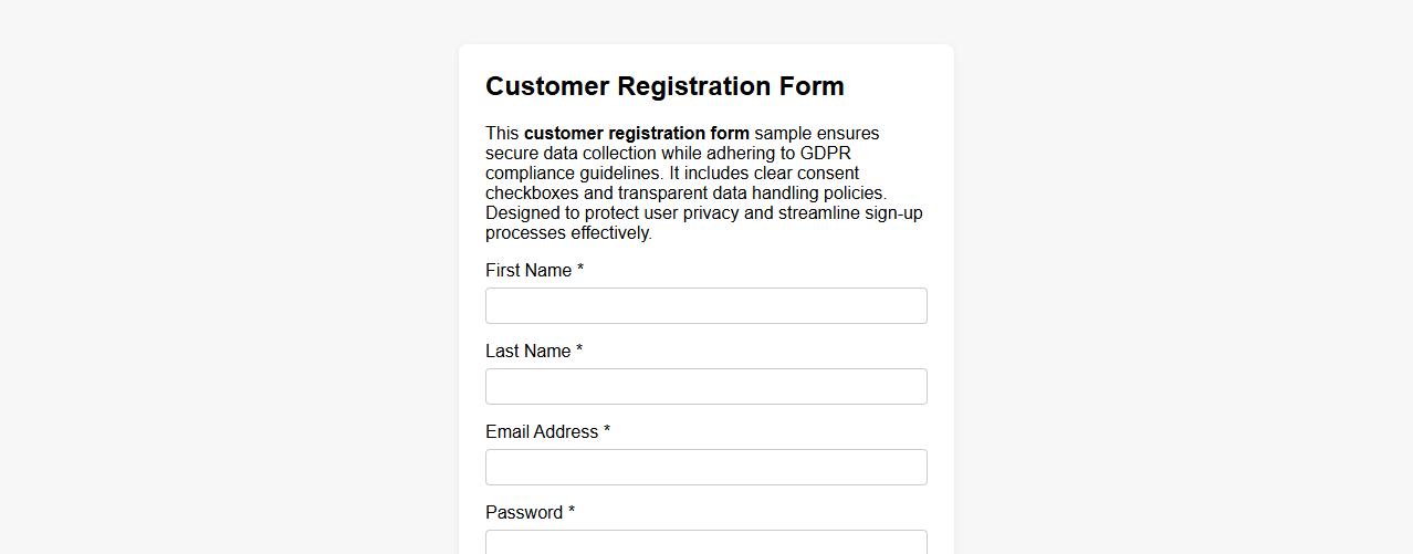 Customer registration form sample including GDPR compliance image preview