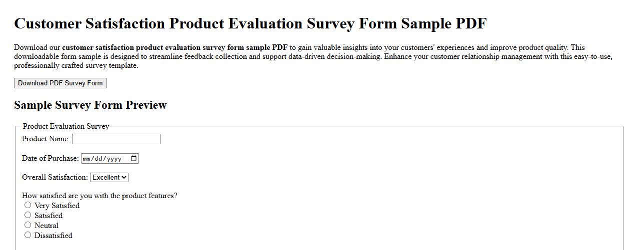 customer satisfaction product evaluation survey form sample PDF image preview