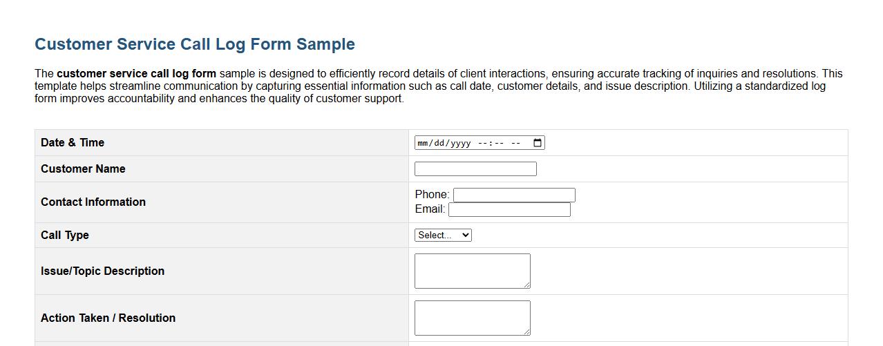 customer service call log form sample image preview