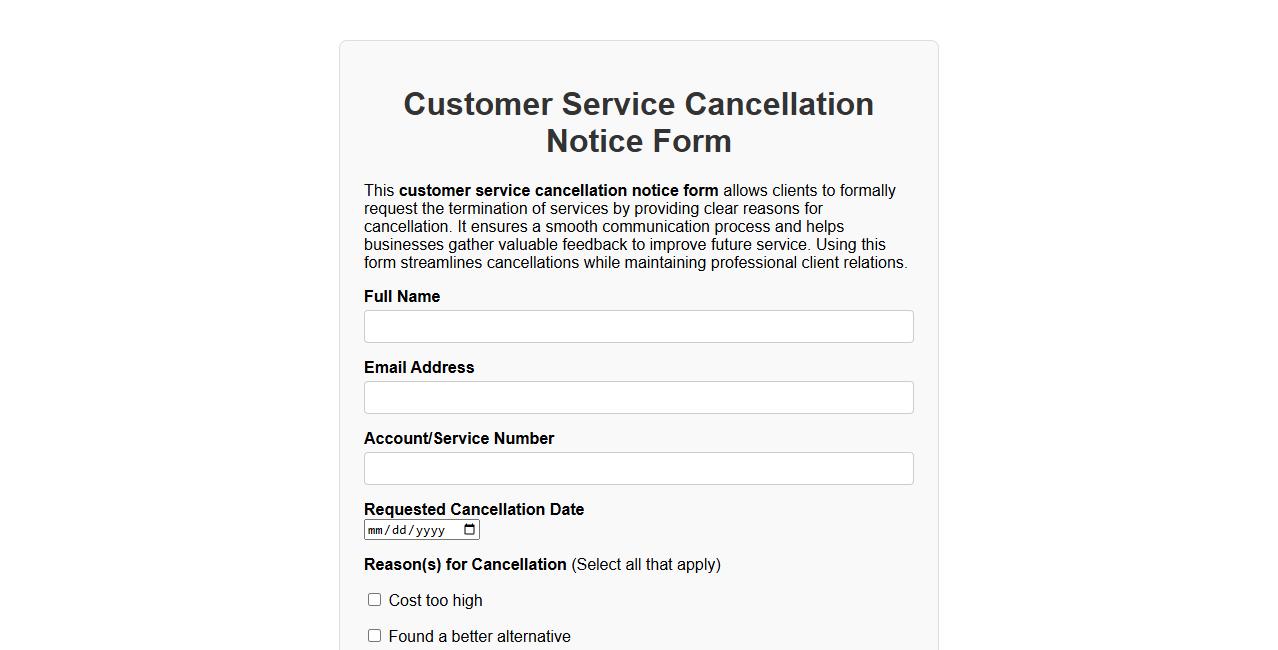Customer service cancellation notice form with reasons image preview