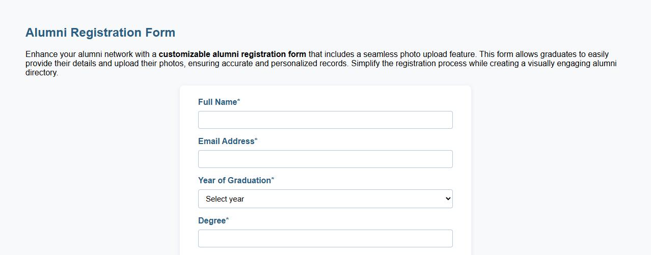 Customizable alumni registration form sample with photo upload image preview