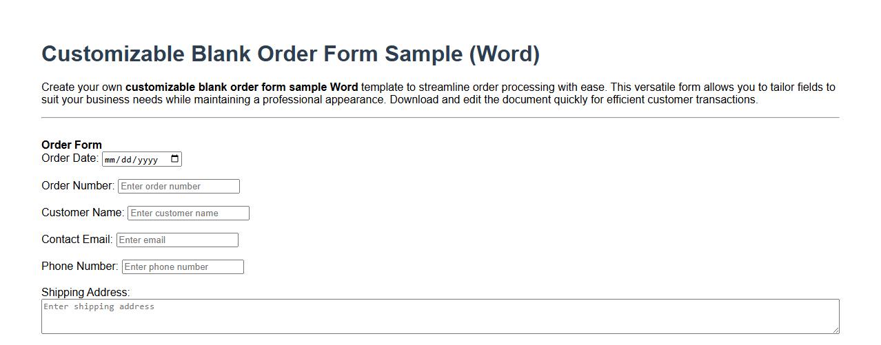 Customizable blank order form sample Word image preview