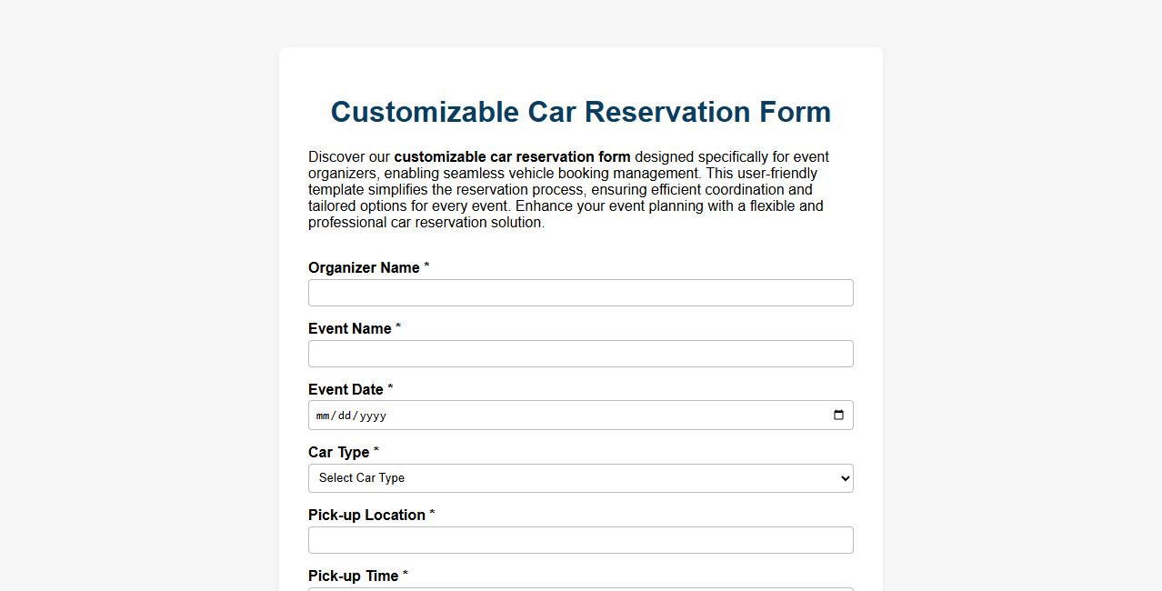 customizable car reservation form sample for event organizers image preview