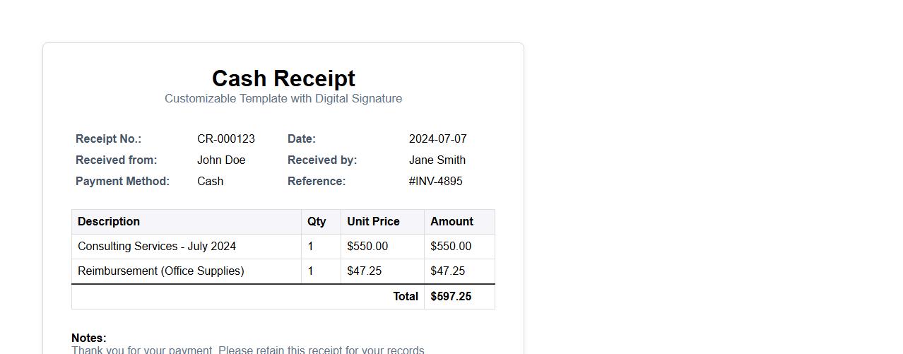 Customizable cash receipt template with digital signature image preview
