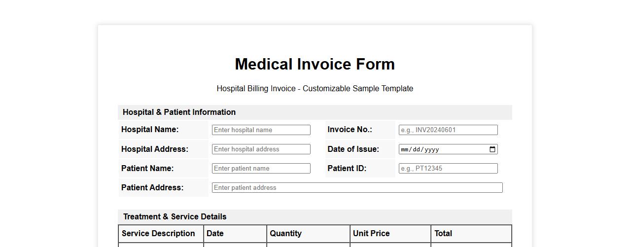 customizable medical invoice form sample for hospital billing image preview